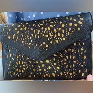 Rener Black Clutch Floral Geometric Gold Inlay-Chain for Crossbody 12x8”